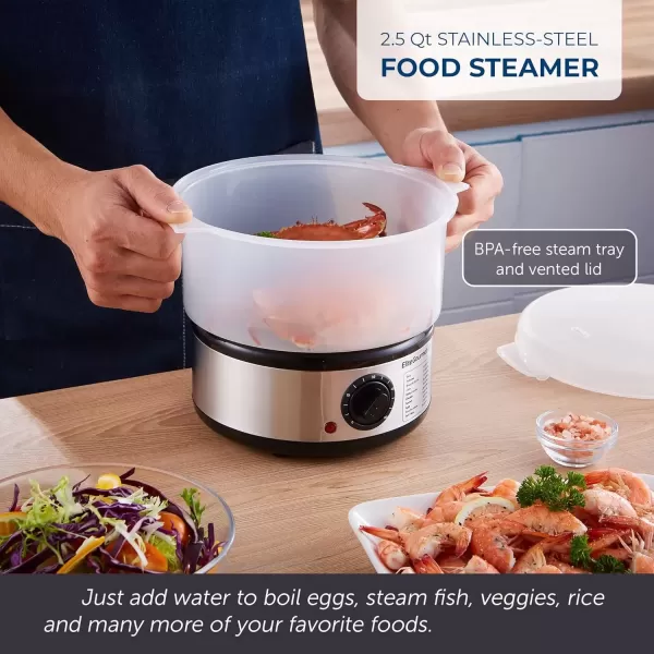 imageElite Gourmet MaxiMatic Electric Food Vegetable Steamer with BPAFree 3 Tier Stackable Nested Basket Trays Auto Shutoff 60min Timer 800W 9 Quart Stainless Steel25 Quart