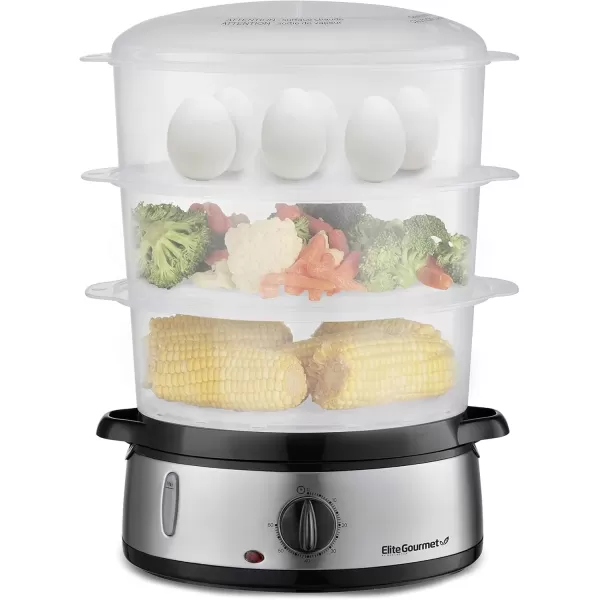 imageElite Gourmet MaxiMatic Electric Food Vegetable Steamer with BPAFree 3 Tier Stackable Nested Basket Trays Auto Shutoff 60min Timer 800W 95 Quart Stainless Steel EST4401Stainless Steel