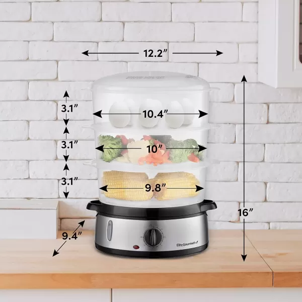 imageElite Gourmet MaxiMatic Electric Food Vegetable Steamer with BPAFree 3 Tier Stackable Nested Basket Trays Auto Shutoff 60min Timer 800W 95 Quart Stainless Steel EST4401Stainless Steel