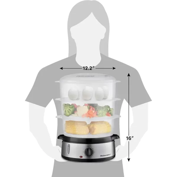 imageElite Gourmet MaxiMatic Electric Food Vegetable Steamer with BPAFree 3 Tier Stackable Nested Basket Trays Auto Shutoff 60min Timer 800W 95 Quart Stainless Steel EST4401Stainless Steel