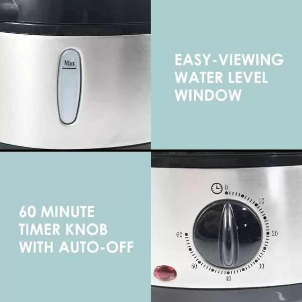 imageElite Gourmet MaxiMatic Electric Food Vegetable Steamer with BPAFree 3 Tier Stackable Nested Basket Trays Auto Shutoff 60min Timer 800W 95 Quart Stainless Steel EST4401Stainless Steel