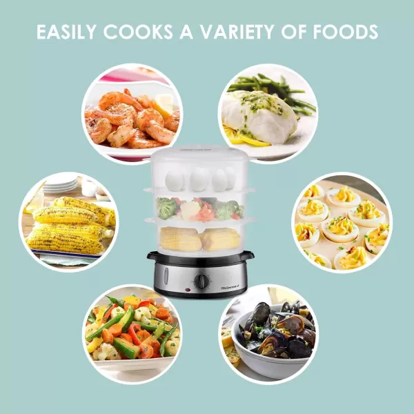 imageElite Gourmet MaxiMatic Electric Food Vegetable Steamer with BPAFree 3 Tier Stackable Nested Basket Trays Auto Shutoff 60min Timer 800W 95 Quart Stainless Steel EST4401Stainless Steel