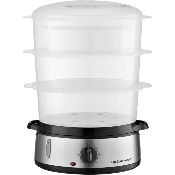 imageElite Gourmet MaxiMatic Electric Food Vegetable Steamer with BPAFree 3 Tier Stackable Nested Basket Trays Auto Shutoff 60min Timer 800W 95 Quart Stainless Steel EST4401Stainless Steel