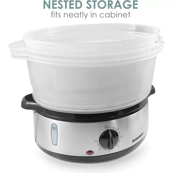 imageElite Gourmet MaxiMatic Electric Food Vegetable Steamer with BPAFree 3 Tier Stackable Nested Basket Trays Auto Shutoff 60min Timer 800W 95 Quart Stainless Steel EST4401Stainless Steel