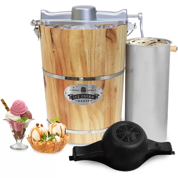imageElite Gourmet Old Fashioned 4 Quart Vintage Wood Bucket Electric Ice Cream Maker Machine Appalachian Bonus Classic DieCast Hand Crank for Churning Uses Ice and Rock Salt Churns Ice Cream in MinutePine