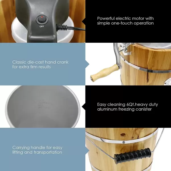 imageElite Gourmet Old Fashioned 4 Quart Vintage Wood Bucket Electric Ice Cream Maker Machine Appalachian Bonus Classic DieCast Hand Crank for Churning Uses Ice and Rock Salt Churns Ice Cream in MinutePine