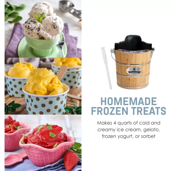 imageElite Gourmet Old Fashioned 4 Quart Vintage Wood Bucket Electric Ice Cream Maker Machine Appalachian Bonus Classic DieCast Hand Crank for Churning Uses Ice and Rock Salt Churns Ice Cream in MinutePine