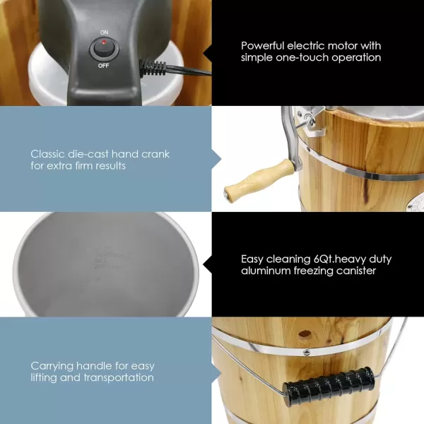 imageElite Gourmet Old Fashioned 6 Quart Vintage Wood Bucket Electric Ice Cream Maker Machine Appalachian Bonus Classic DieCast Hand Crank for Churning Uses Ice and Rock Salt Churns Ice Cream in MinutePine