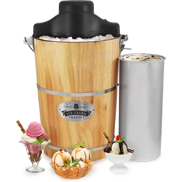 imageElite Gourmet Old Fashioned 6 Quart Vintage Wood Bucket Electric Ice Cream Maker Machine Appalachian Bonus Classic DieCast Hand Crank for Churning Uses Ice and Rock Salt Churns Ice Cream in MinutePine