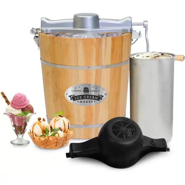imageElite Gourmet Old Fashioned 6 Quart Vintage Wood Bucket Electric Ice Cream Maker Machine Appalachian Bonus Classic DieCast Hand Crank for Churning Uses Ice and Rock Salt Churns Ice Cream in MinutePine