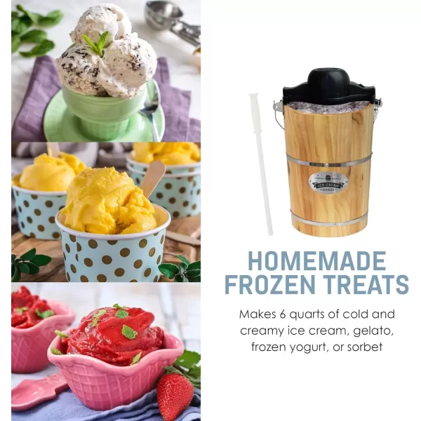 imageElite Gourmet Old Fashioned 6 Quart Vintage Wood Bucket Electric Ice Cream Maker Machine Appalachian Bonus Classic DieCast Hand Crank for Churning Uses Ice and Rock Salt Churns Ice Cream in MinutePine