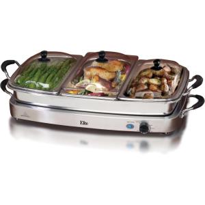 imageElite Gourmet EWM9933 Triple 3 x 25 Quart Trays Buffet Server 75 Qt Oven Safe Pan Food Warmer Temperature Control Clear Slotted Lids Perfect for Parties Entertaining ampamp Holidays Stainless Steel75 Quart  4 Trays