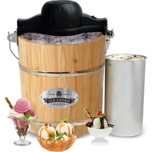 imageElite Gourmet EIM502 Old Fashioned 4 Quart Vintage Wood Bucket Electric Maker Machine Appalachian Bonus Classic DieCast Hand Crank Uses Rock Salt Churns Ice Cream in Minutes Pine