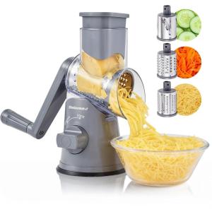 imageElite Gourmet EFP593 Rotary Cheese Grater with 3 StainlessSteel Blades for Slicing Shredding ampamp Fine Shredding Strong Suction Base DishwasherSafe Gray