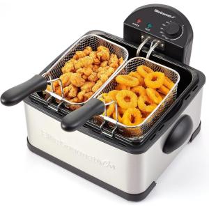 imageElite Gourmet EDF434 Electric Deep Fryer 45 Quart Oil Capacity with Temperature Knob 2 Baskets Powerful 1700 Watts Lid with AntiOdor Filter ampamp Viewing Window Stainless SteelStainless Steel and Black