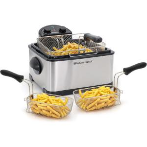 imageElite Gourmet EDF434 Electric Deep Fryer 45 Quart Oil Capacity with Temperature Knob 2 Baskets Powerful 1700 Watts Lid with AntiOdor Filter ampamp Viewing Window Stainless SteelBlack
