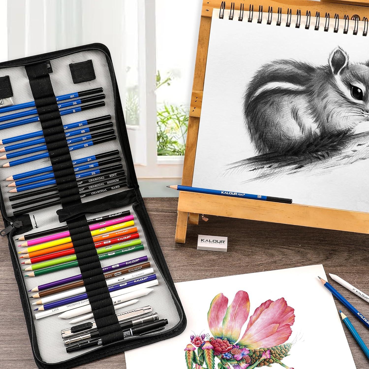 imageKALOUR Sketching Coloring Art Set  38 Pieces Drawing Kit with Sketch PencilsColored PencilsCharcoalMarkerEraser Portable Zippered Travel Case  Art Supplies for Artists Beginners Adults Kids