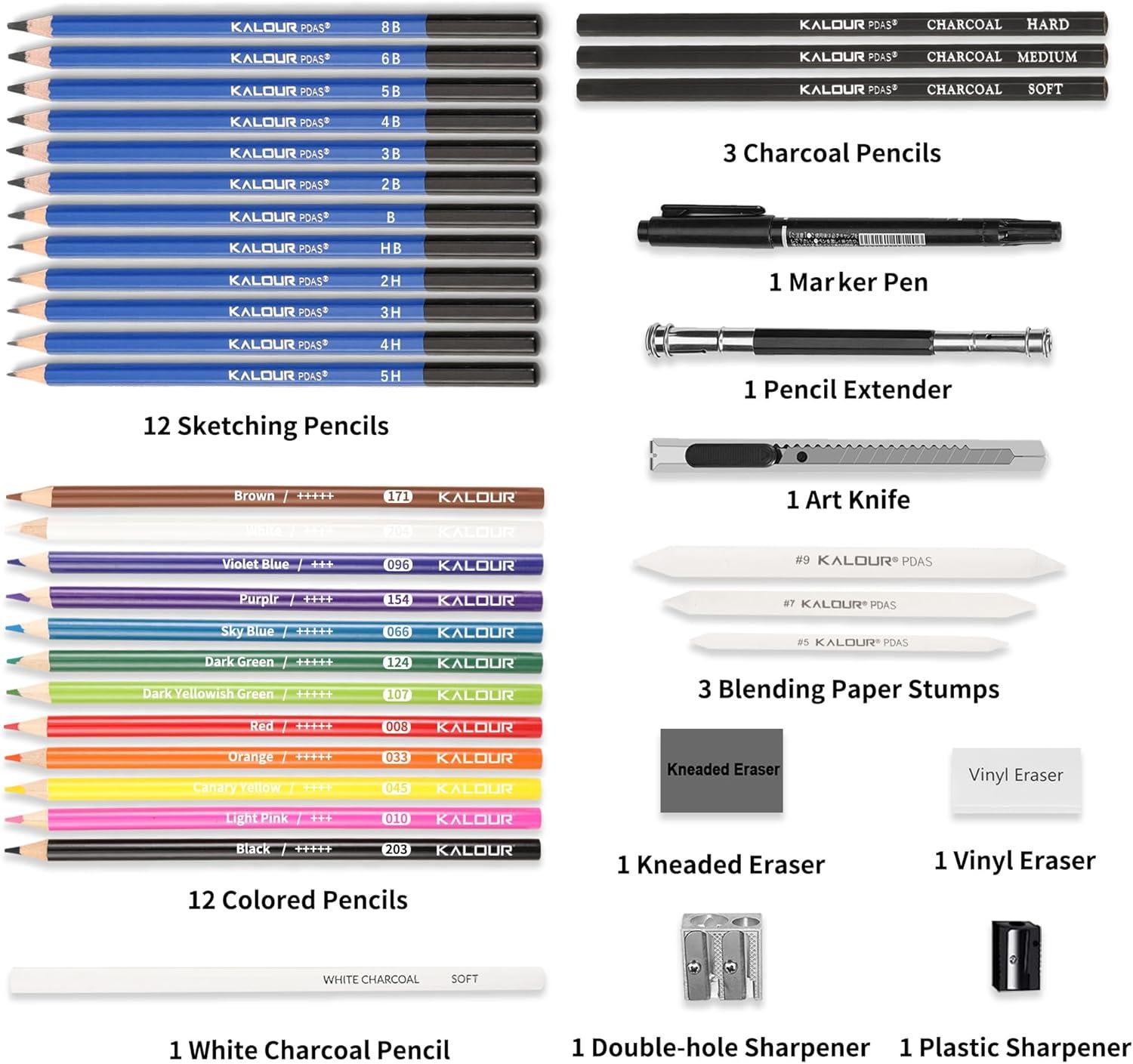 imageKALOUR Sketching Coloring Art Set  38 Pieces Drawing Kit with Sketch PencilsColored PencilsCharcoalMarkerEraser Portable Zippered Travel Case  Art Supplies for Artists Beginners Adults Kids