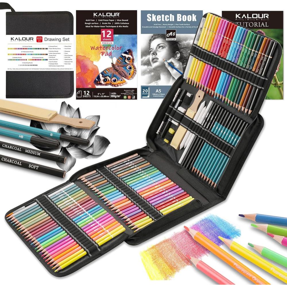 imageKALOUR 106 Coloring Sketching Kit Set  Pro Art Supplies with Sketchbook ampamp Watercolor Paper  Include Drawing Tutorial WatercolorColoredMetallicFluorescentSketch Pencils  for Kids Adults