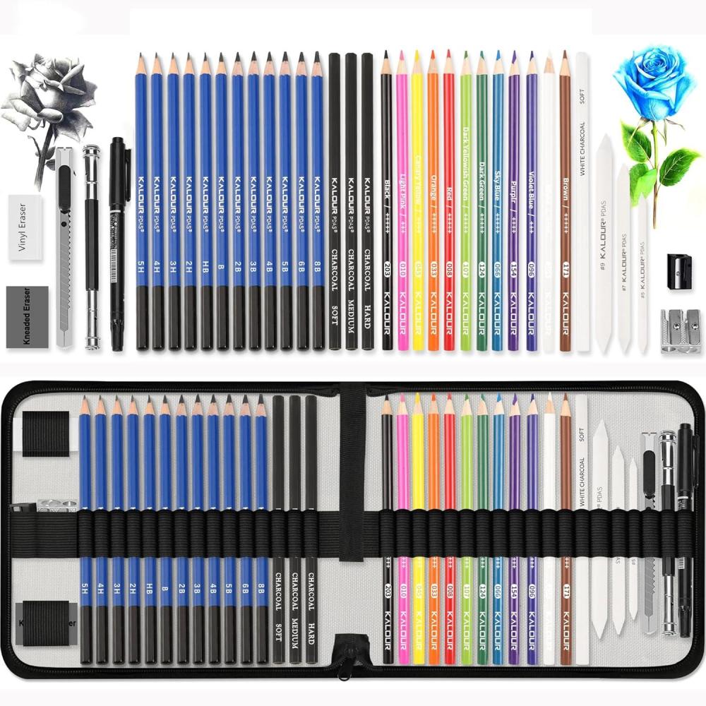 imageKALOUR Sketching Coloring Art Set  38 Pieces Drawing Kit with Sketch PencilsColored PencilsCharcoalMarkerEraser Portable Zippered Travel Case  Art Supplies for Artists Beginners Adults Kids