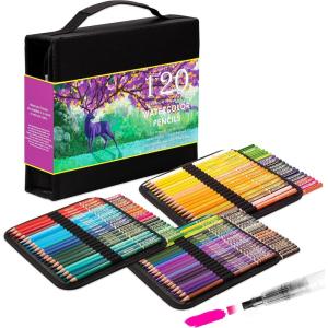 imageKALOUR Premium Watercolor Pencils Set of 120 Colorswith Water Brush PenPortable Nylon CaseNumbered and LightfastnessWatersoluble Colored Pencils for Adult ColoringWater Color for Beginner Kids
