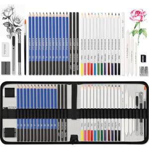 imageKALOUR Sketching Coloring Art Set  38 Pieces Drawing Kit with Sketch PencilsWatercolor PencilsCharcoalBrushEraser Portable Zippered Travel Case  Art Supplies for Artists Beginners Adults Kids