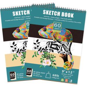 imageKalour 9x12 Premium Sketch Book  3 Color Paper  Spiral Bound  2 Pack  120 Sheets  Acid Free Drawing Paper  Colored Pencil Charcoal for Sketching  Sketch Pad for Artists Adults Kids