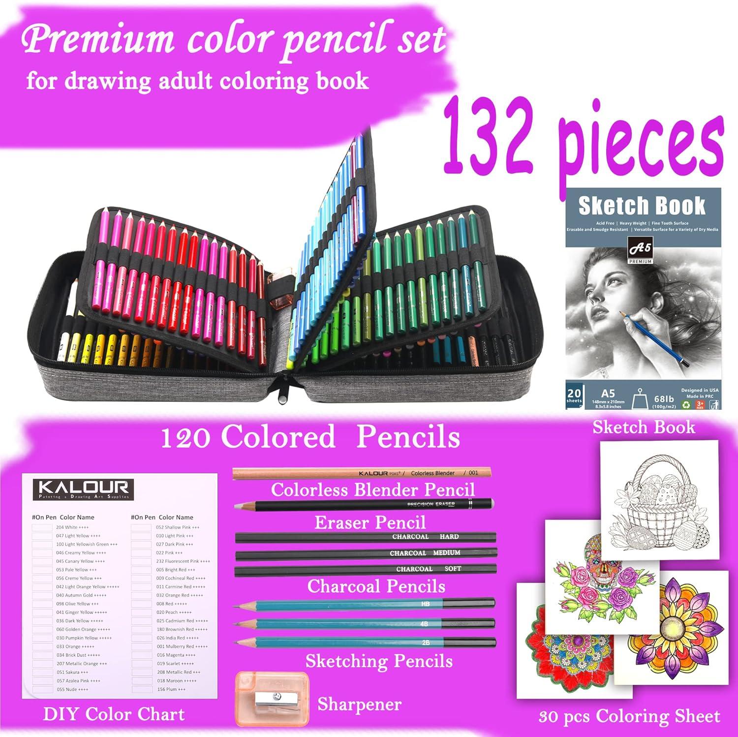 imageKALOUR 132 Colored Pencils Setwith Adult Coloring Book and Sketch BookArtists Colorless BlenderZipper Travel CaseSoft CoreIdeal for Drawing Sketching ShadingArt Supplies for Beginners Kids