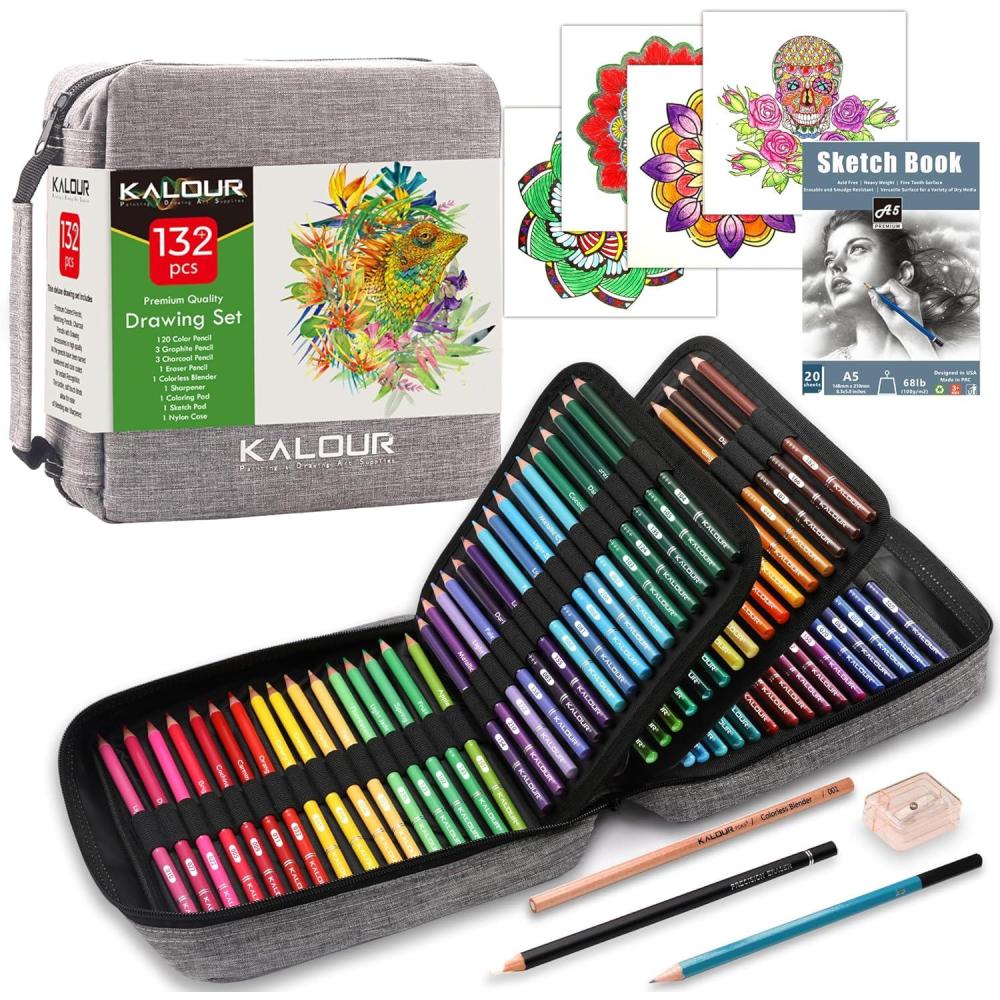 imageKALOUR 132 Colored Pencils Setwith Adult Coloring Book and Sketch BookArtists Colorless BlenderZipper Travel CaseSoft CoreIdeal for Drawing Sketching ShadingArt Supplies for Beginners Kids
