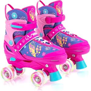 imageAdjustable Kids Roller Skates for Girls Boys with Light Up Wheels Skates for Kids Ages 612 Toddler 35 Youth and Women Beginners Indoor and OutdoorRose Red  Blue