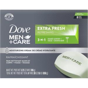 imageDove MenCare 3 in 1 Bar Cleanser for Body Face and Shaving to Clean and Hydrate Skin Extra Fresh Body and Facial Cleanser More Moisturizing Than Bar Soap 375 oz 8 Bars