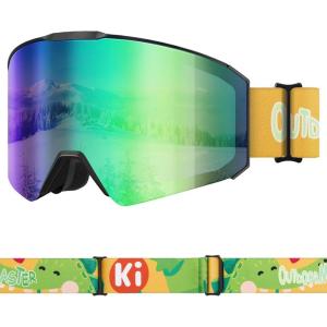 imageOutdoorMaster Falcon Kids Ski GogglesMagnetic Interchangeable Lens Anti Fog UV Protection OTG Snowboard Goggles for YouthA1vlt 17 Grey Lens With Revo Greendinosaur Strap