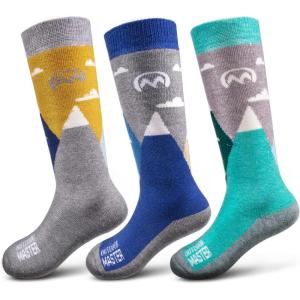 imageOutdoorMaster Kids Ski Socks  Merino Wool Blend Over the Calf DesignDust Gray  Blue Mountains  Woodland Green