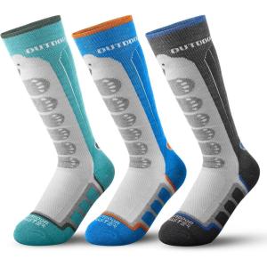imageOutdoorMaster Kids Ski Socks 23Pack Merino Wool Compression Thermal Socks with Boys ampamp Girls Over The Calf NonSlip CuffGreenblackblue