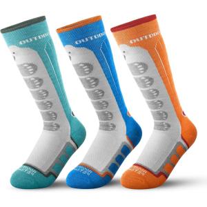 imageOutdoorMaster Kids Ski Socks 23Pack Merino Wool Compression Thermal Socks with Boys ampamp Girls Over The Calf NonSlip CuffGreenorangeblue