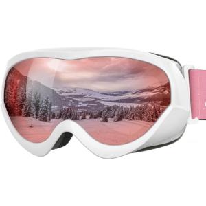 imageOutdoorMaster Kids Ski Goggles  Helmet Compatible Snow Goggles for Boys ampamp Girls with 100 UV ProtectionVlt 28 White Frame Rose Red Lens