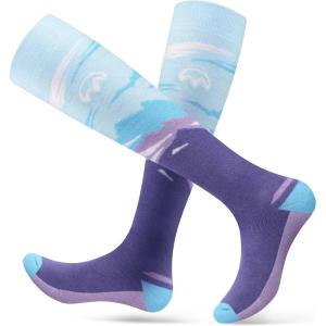 imageOutdoorMaster Ski Socks 2Pair Pack Skiing and Snowboarding Thermal Socks for Women Over The Calf NonSlip CuffViolet Mountain