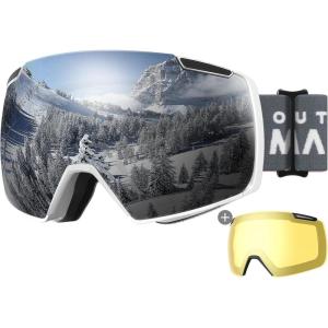 imageOutdoorMaster Heron Ski Goggles with 2 Lens Frameless Magnetic Interchangeable HD Toric Lens OTG Snowboard GogglesAwhiteframe Silver Vlt 10  Yellowlens