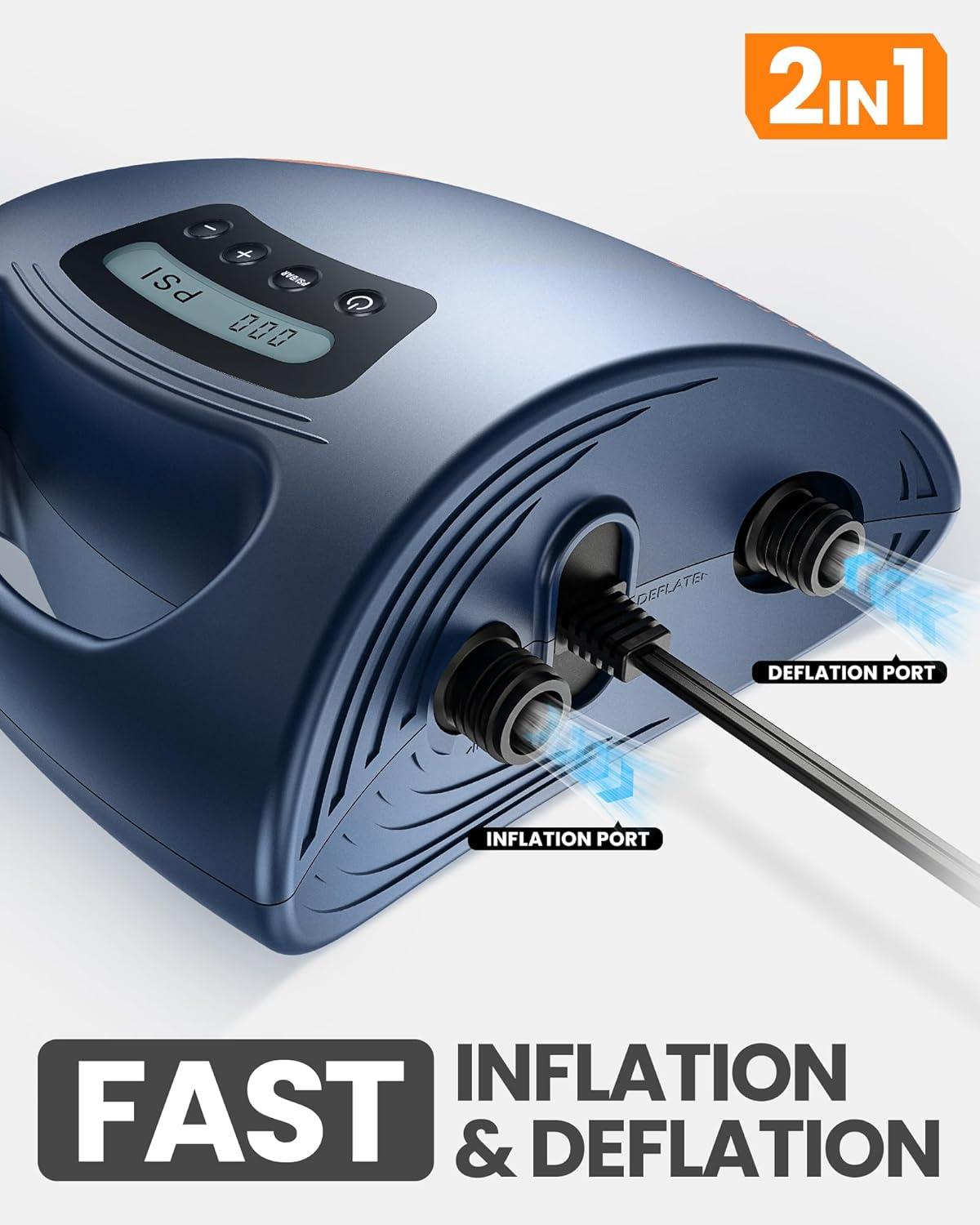 imageOutdoorMaster 20PSI High Pressure SUP Air Pump Shark  Intelligent Dual Stage Inflation ampamp AutoOff ampamp Deflation 12V DC Car Connector for Inflatable Stand Up Paddle Boards BoatsDark Blue