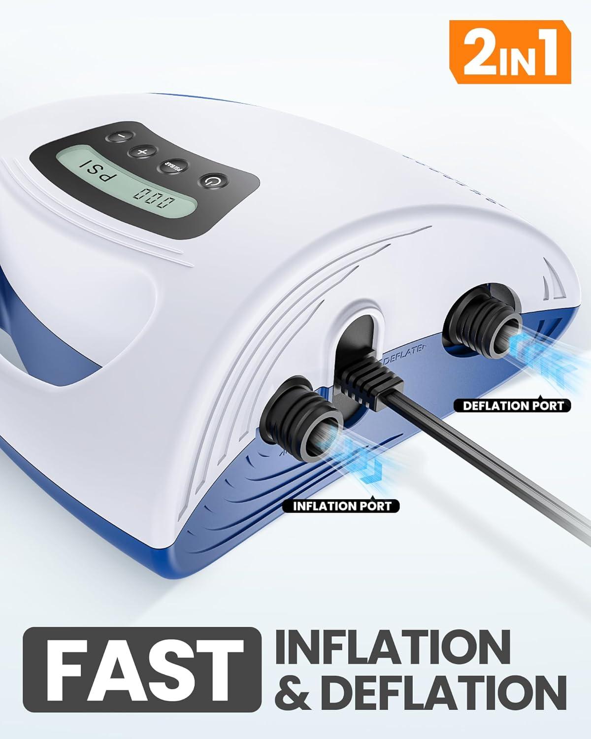 imageOutdoorMaster 20PSI High Pressure SUP Air Pump Shark  Intelligent Dual Stage Inflation ampamp AutoOff ampamp Deflation 12V DC Car Connector for Inflatable Stand Up Paddle Boards BoatsWhite  Blue