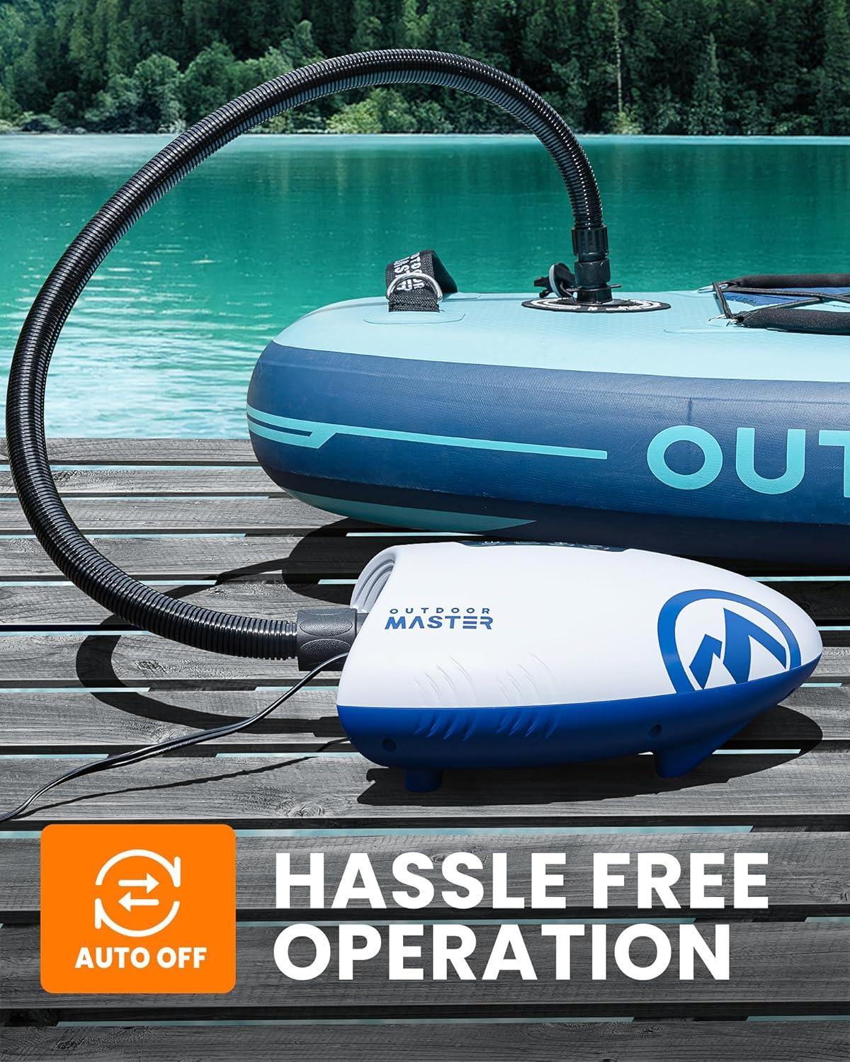 imageOutdoorMaster 20PSI High Pressure SUP Air Pump Shark  Intelligent Dual Stage Inflation ampamp AutoOff ampamp Deflation 12V DC Car Connector for Inflatable Stand Up Paddle Boards BoatsWhite  Blue