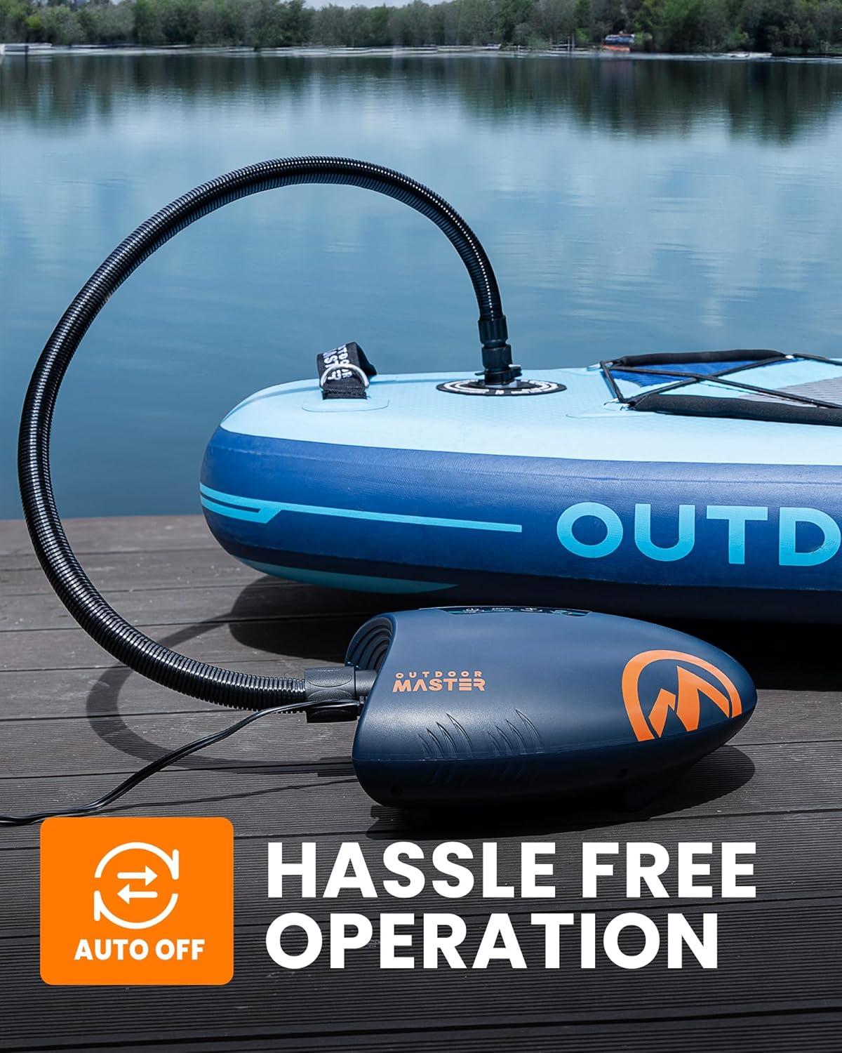 imageOutdoorMaster 20PSI High Pressure SUP Air Pump Shark  Intelligent Dual Stage Inflation ampamp AutoOff ampamp Deflation 12V DC Car Connector for Inflatable Stand Up Paddle Boards BoatsDark Blue