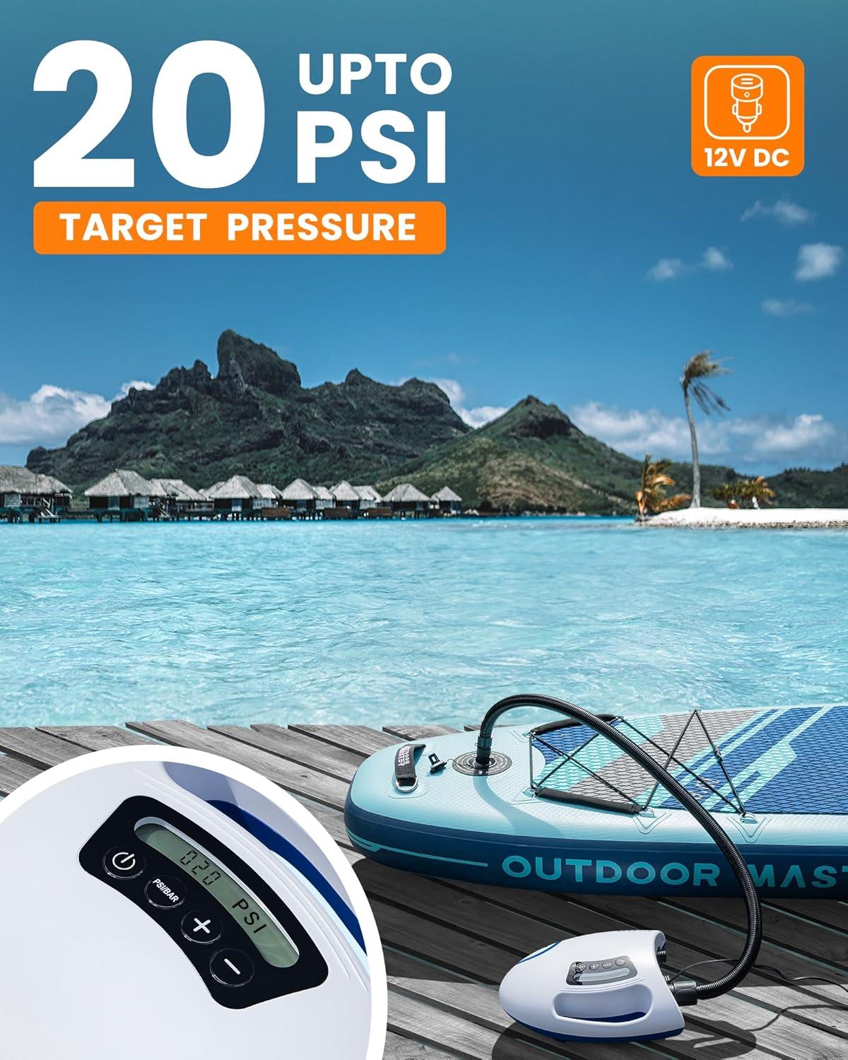 imageOutdoorMaster 20PSI High Pressure SUP Air Pump Shark  Intelligent Dual Stage Inflation ampamp AutoOff ampamp Deflation 12V DC Car Connector for Inflatable Stand Up Paddle Boards BoatsWhite  Blue
