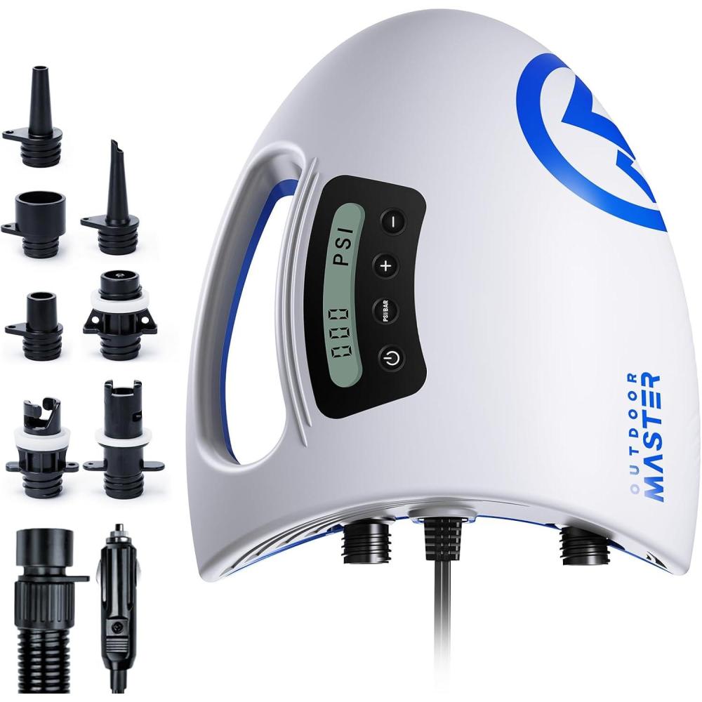 imageOutdoorMaster 20PSI High Pressure SUP Air Pump Shark  Intelligent Dual Stage Inflation ampamp AutoOff ampamp Deflation 12V DC Car Connector for Inflatable Stand Up Paddle Boards BoatsWhite  Blue