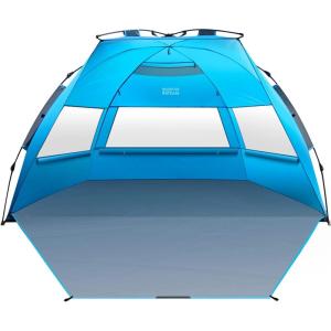 imageOutdoorMaster Beach Tent for 34 Person  Easy Setup and Portable Beach Shade Sun Shelter Canopy with UPF 50 UV Protection Removable Skylight Family SizeBlue