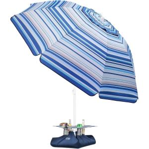 imageOutdoorMaster Beach Umbrella with Sand Bag  65ft Beach Umbrella with Sand Anchor UPF 50 PU Coating with Carry Bag for Patio and Outdoor  Navy StripedB02 New VersionBlueWhite Striped with Cup Holder
