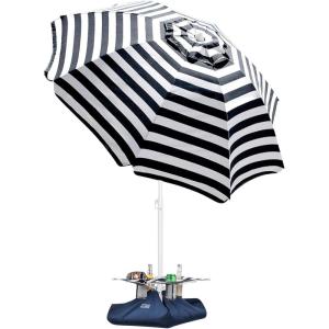 imageOutdoorMaster Beach Umbrella with Sand Bag  65ft Beach Umbrella with Sand Anchor UPF 50 PU Coating with Carry Bag for Patio and Outdoor  Navy StripedB01 New VersionNavy Striped with Cup Holder