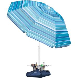 imageOutdoorMaster Beach Umbrella with Sand Bag  65ft Beach Umbrella with Sand Anchor UPF 50 PU Coating with Carry Bag for Patio and Outdoor  Navy StripedB03 New VersionLight Blue Striped with Cup Holder