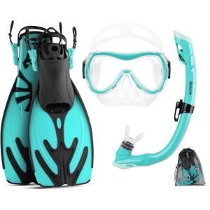 imageOutdoorMaster Marlin Kids Mask Fins Snorkel Set Dry Top Snorkeling Gear with Adjustable Fins AntiFog Snorkel Mask Set for Boys and Girls Age 616Cyan