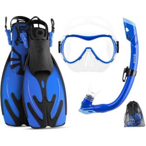 imageOutdoorMaster Marlin Kids Mask Fins Snorkel Set Dry Top Snorkeling Gear with Adjustable Fins AntiFog Snorkel Mask Set for Boys and Girls Age 616Dark Blue